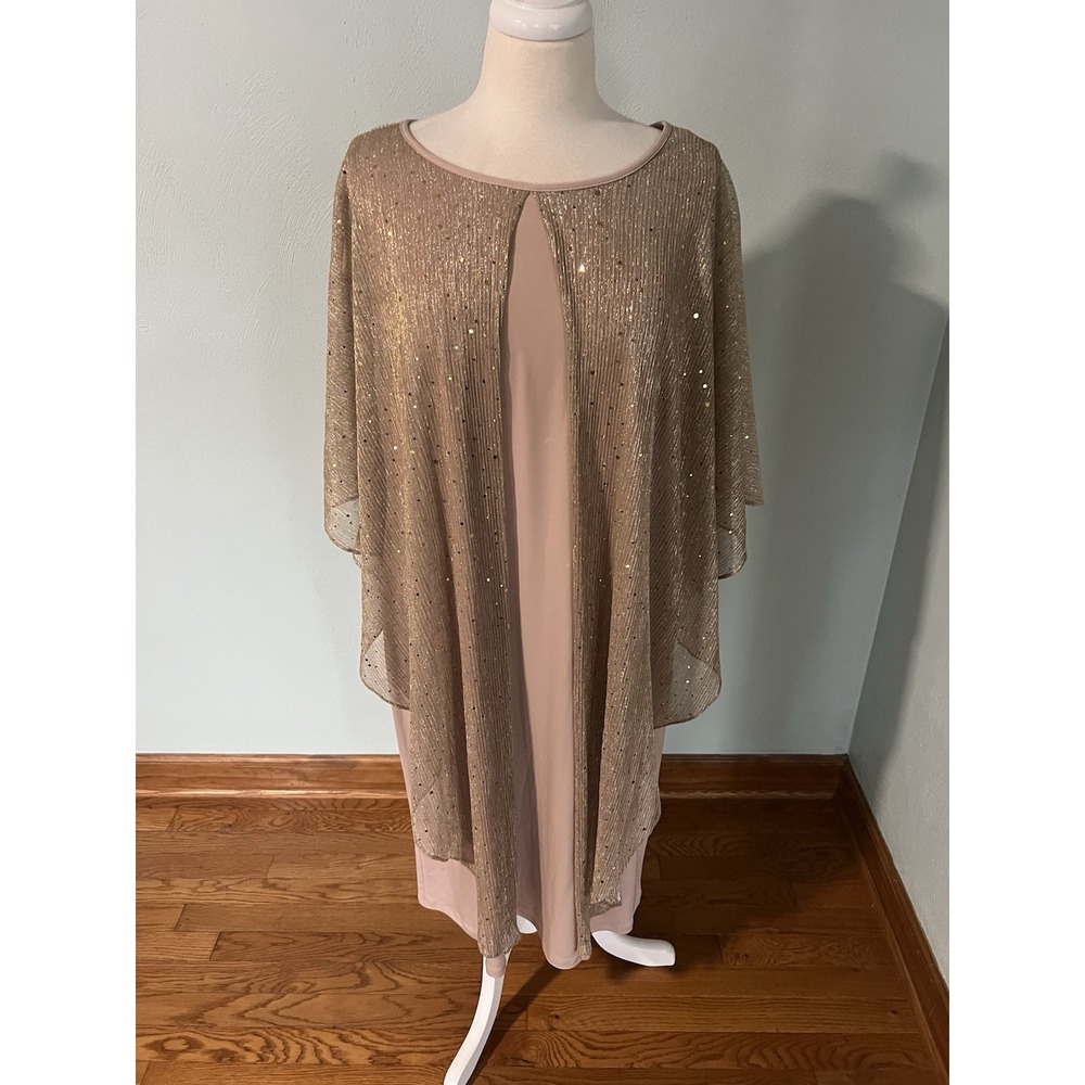 Glamour Nights Champagne Maxi Dress W/ Sequin Capelet Gala Evening Gown Sz 16W